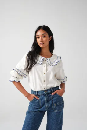 seventy   mochi Phoebe Blouse in Ecru & Electric Blue Embroidery