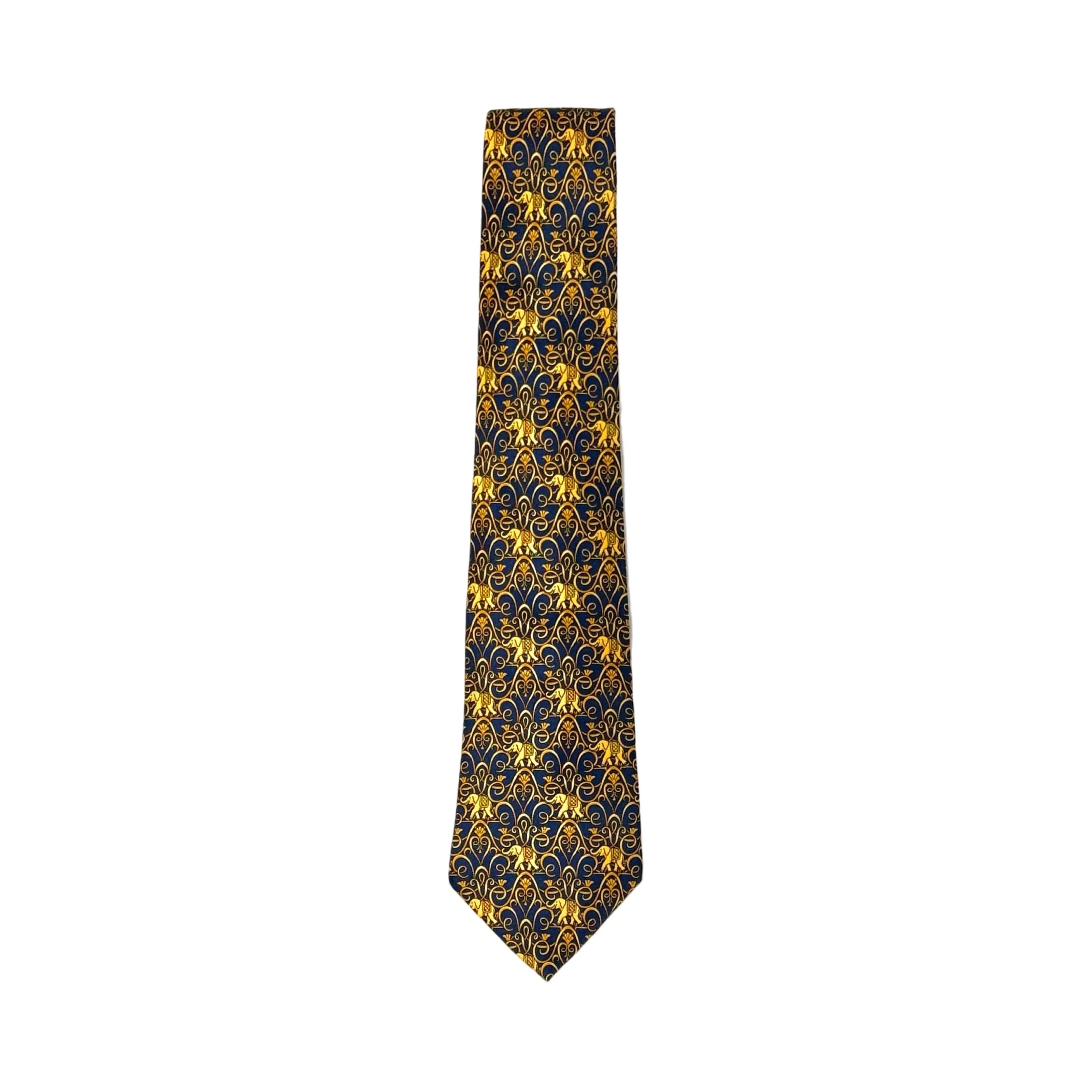 1980’S LANVIN MADE IN FRANCE 100% SILK GOLDEN ELEPHANTS HANDMADE TIE