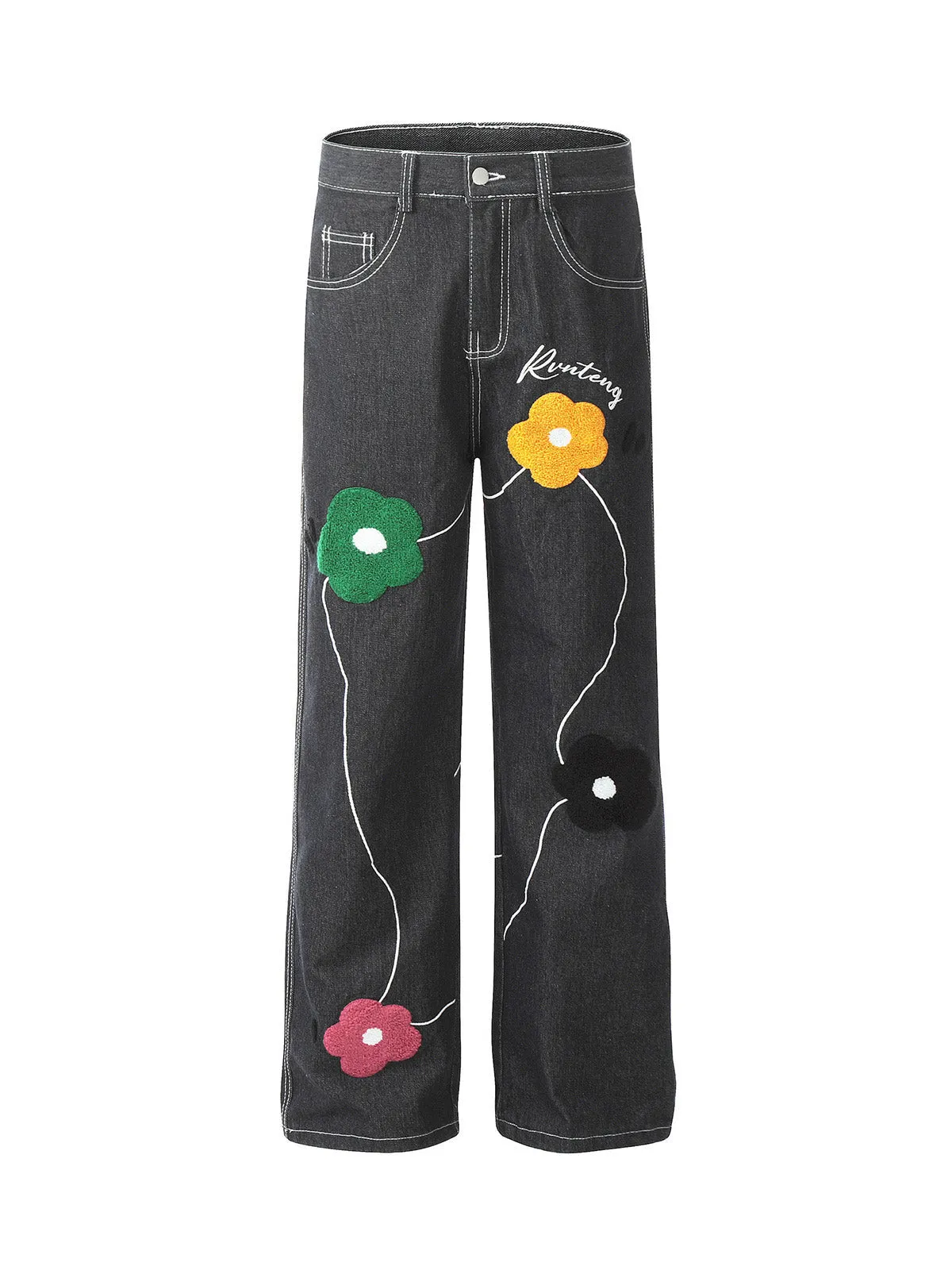 1984 Vintage Floral Embroidery Washed Straight Leg Jeans