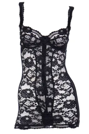 1990s Cher La Perla Black Lace Bodysuit Teddy Chemise Style Slip