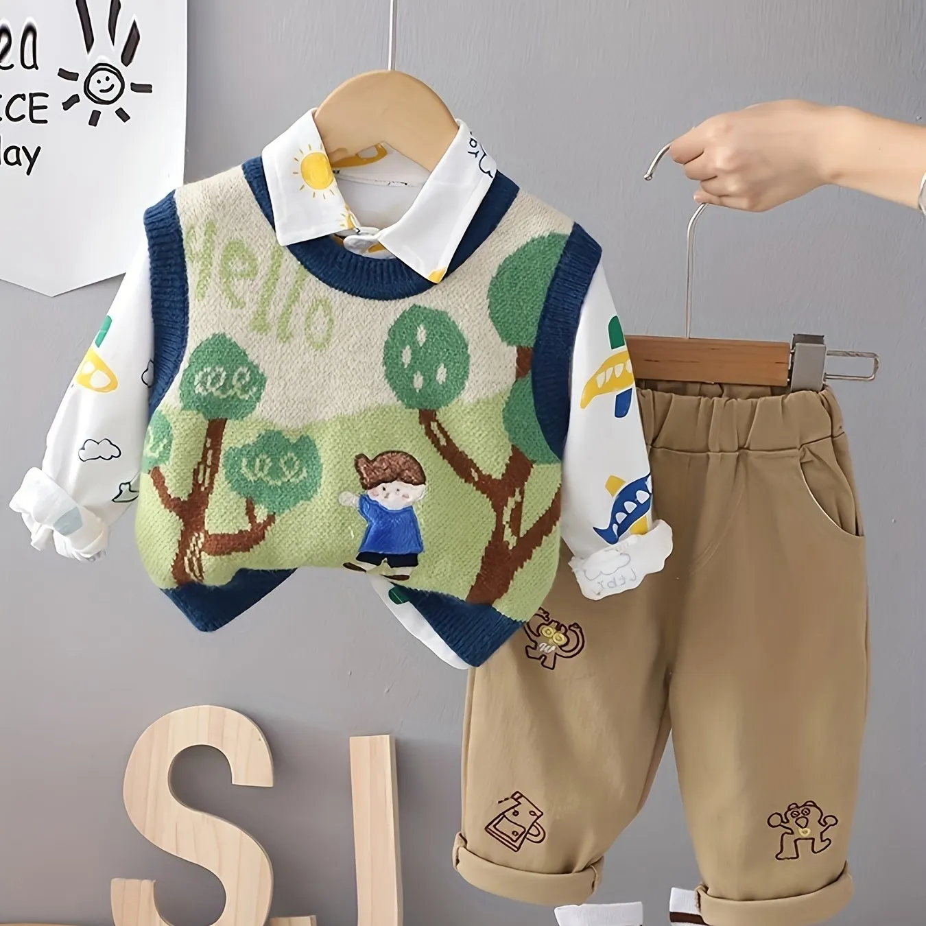 3pcs Baby's Knitted Vest & Long Sleeve Shirt & Casual Pants, Infant Boy's Set, FS