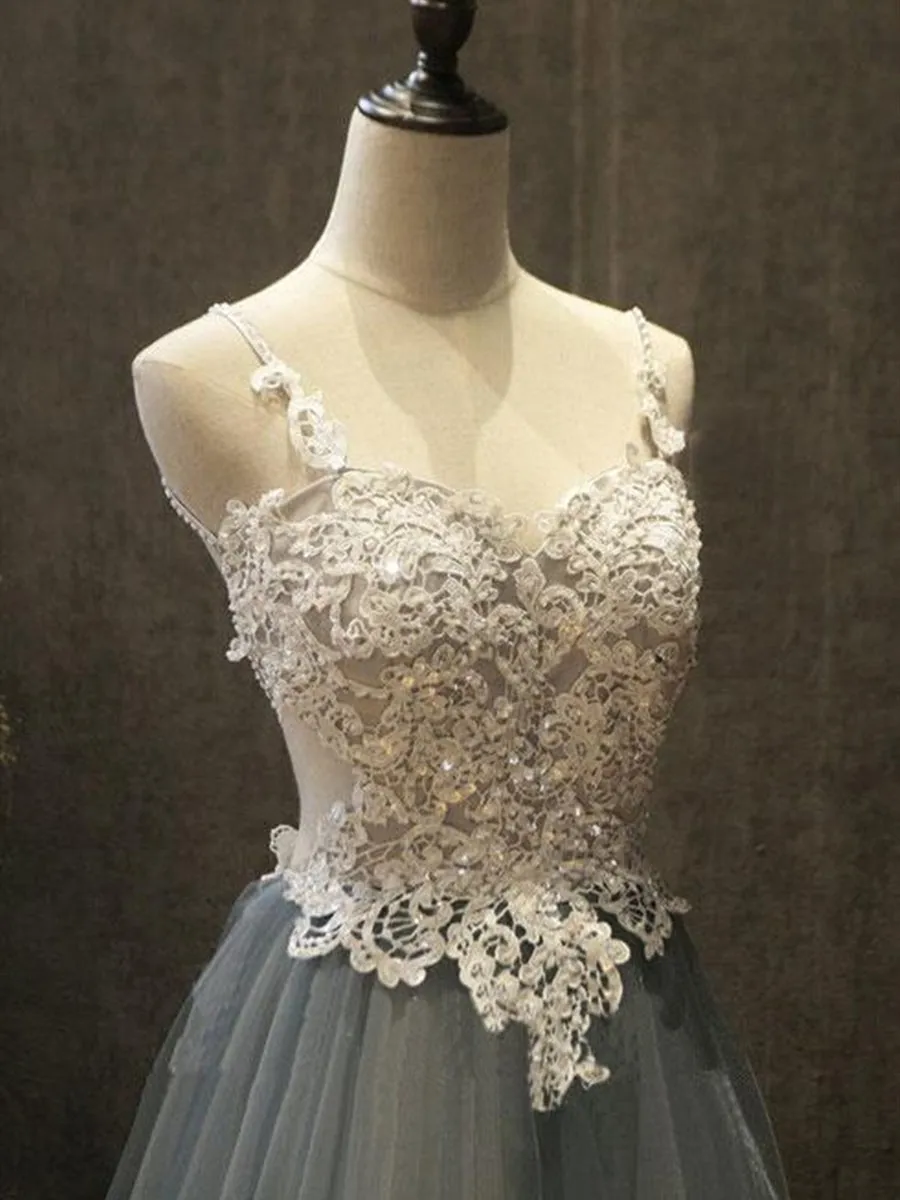 A Line Backless White Lace Beading Gray Tulle Long Prom, Lace Gray Formal, Backless Gray Long Evening