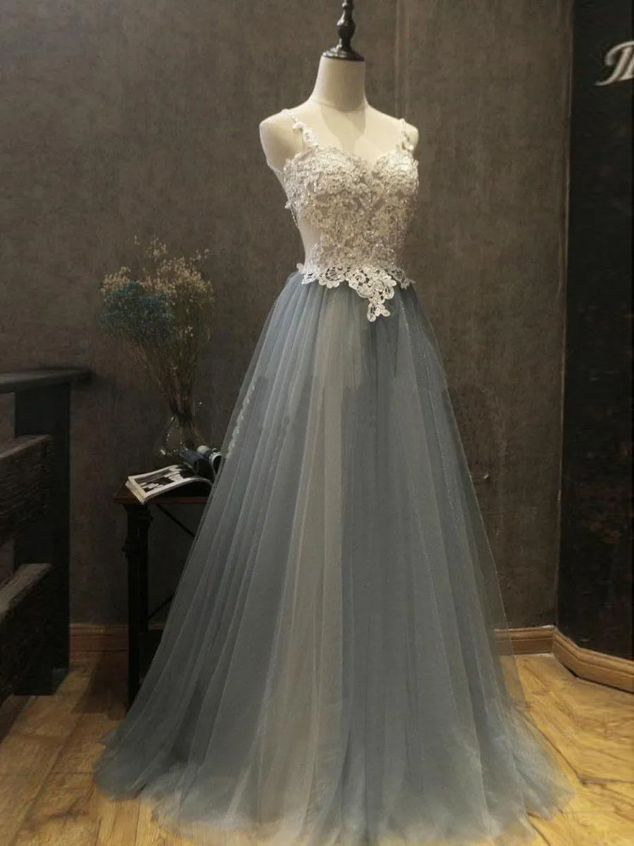 A Line Backless White Lace Beading Gray Tulle Long Prom, Lace Gray Formal, Backless Gray Long Evening