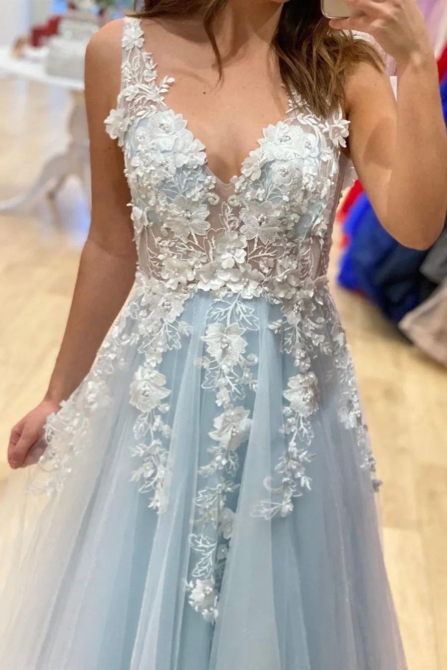 A Line V Neck Light Blue Lace Floral Long Prom, 3D Flowers Light Blue Lace Formal Evening