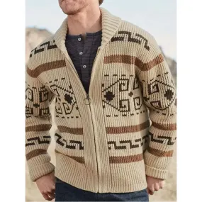 Aidase Men's Lapel Cardigan Printed Decor European And American Hand Knitting Wool Soft Stretchy Coat Loose Various Size Male Sweater