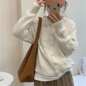 Aiertu datenight fall outfits Autumn Women's Vintage Twist Knitted Sweater Thickened Loose Coat Long Sleeve Top Fashion