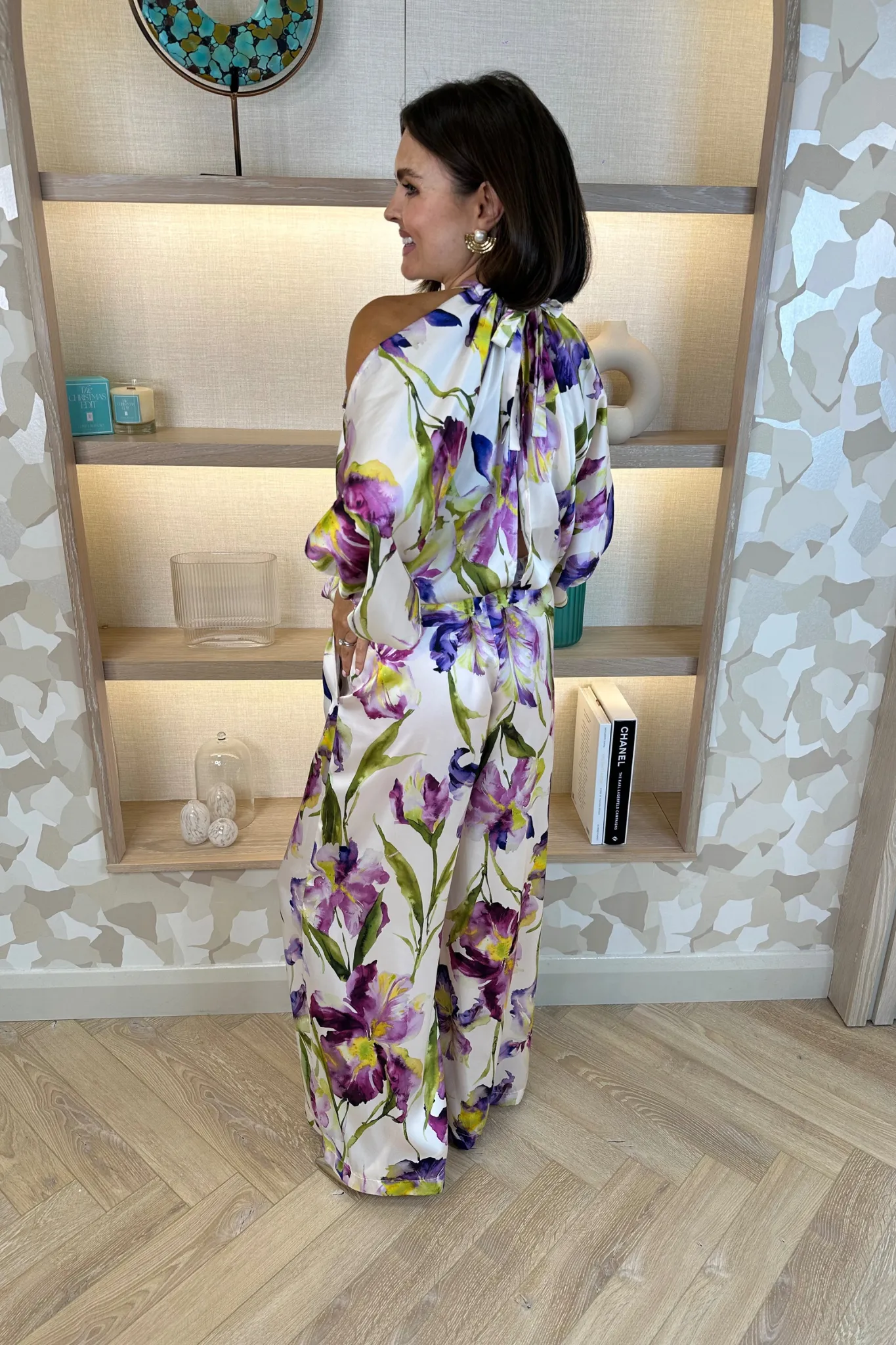 Alana Cold Shoulder Jumpsuit In Purple Floral