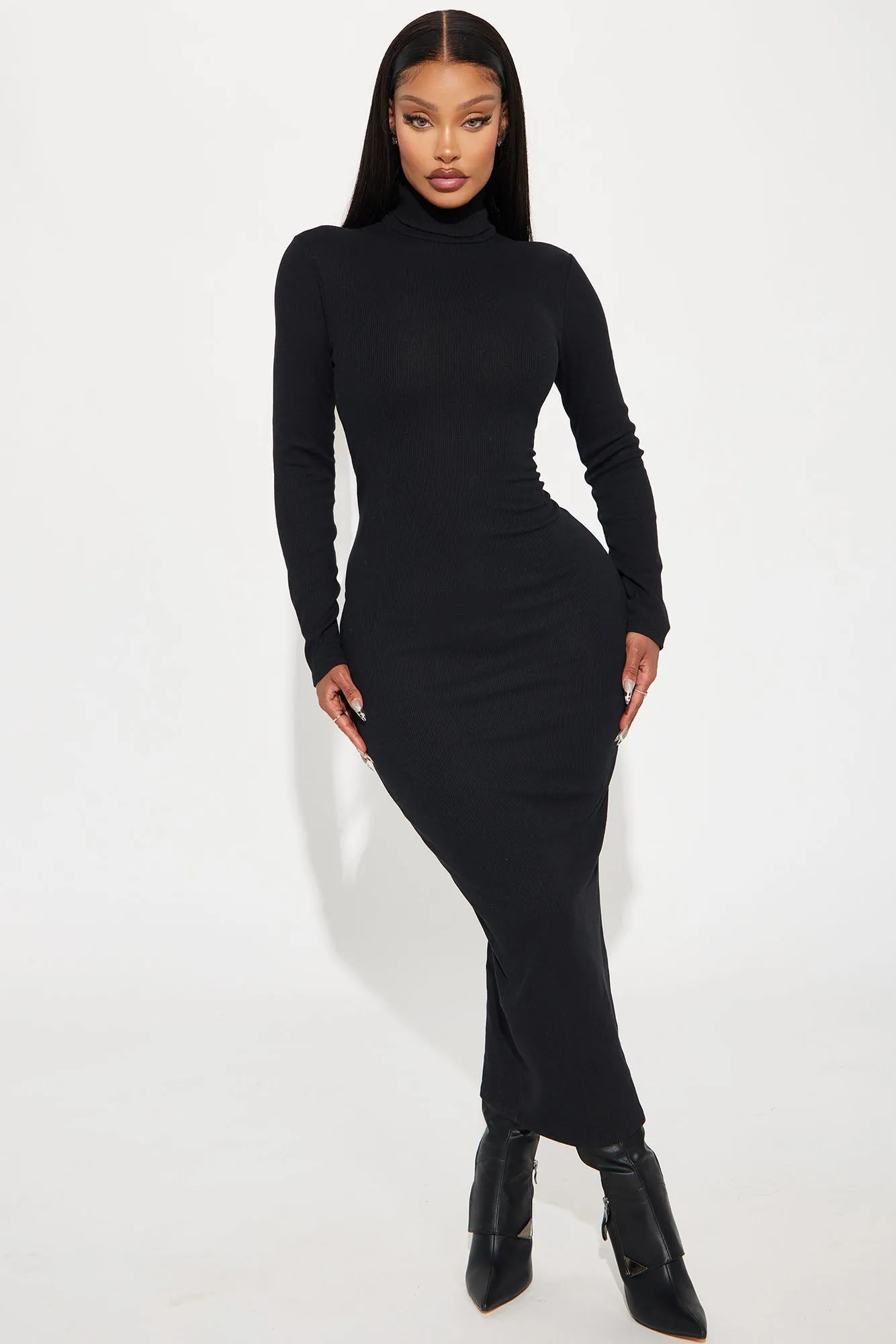 Alina Turtleneck Ribbed Midi Dress - Black