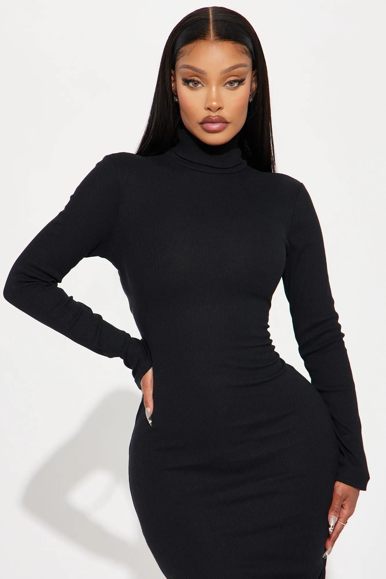 Alina Turtleneck Ribbed Midi Dress - Black