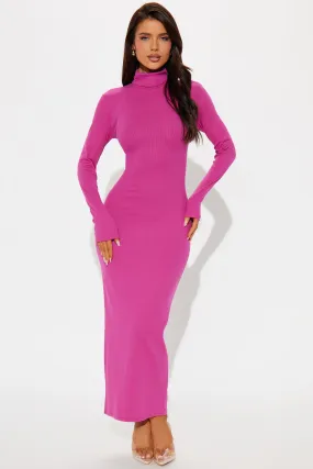 Alina Turtleneck Ribbed Midi Dress - Fuchsia