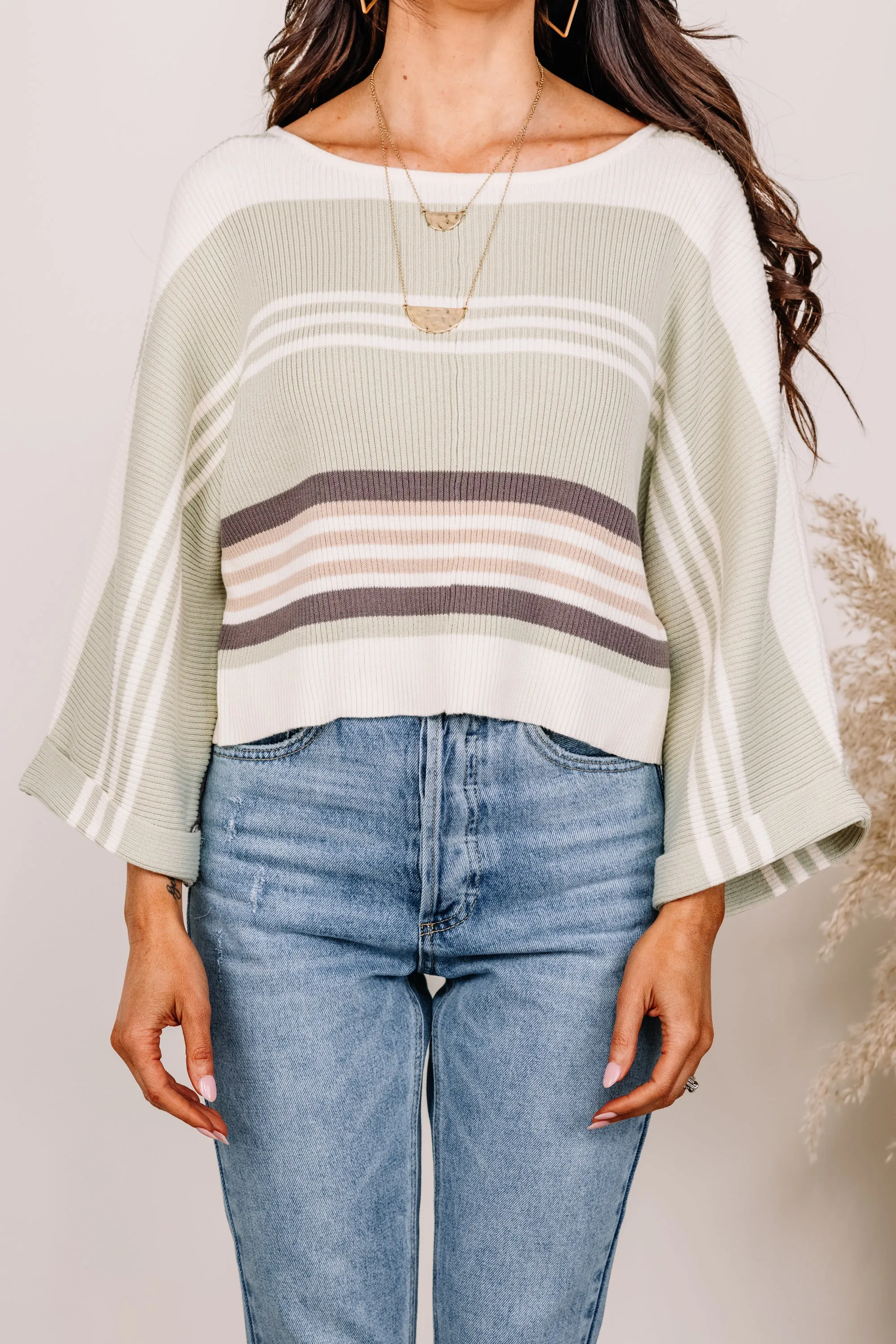 All Caught Up Sage Green Striped Sweater