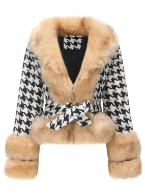 Apricot 1950s Houndstooth Faux Fur Coat