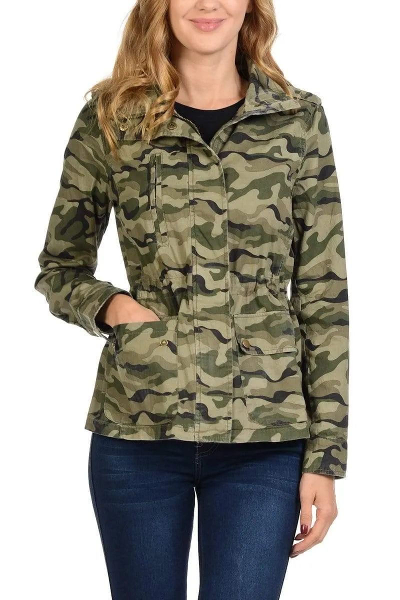 Auliné Collection Women's Drawstring Utility Anorak Military Camo Jacket