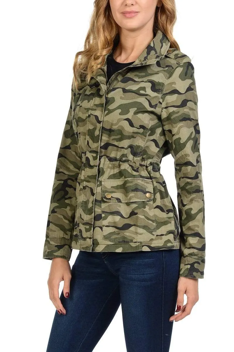 Auliné Collection Women's Drawstring Utility Anorak Military Camo Jacket