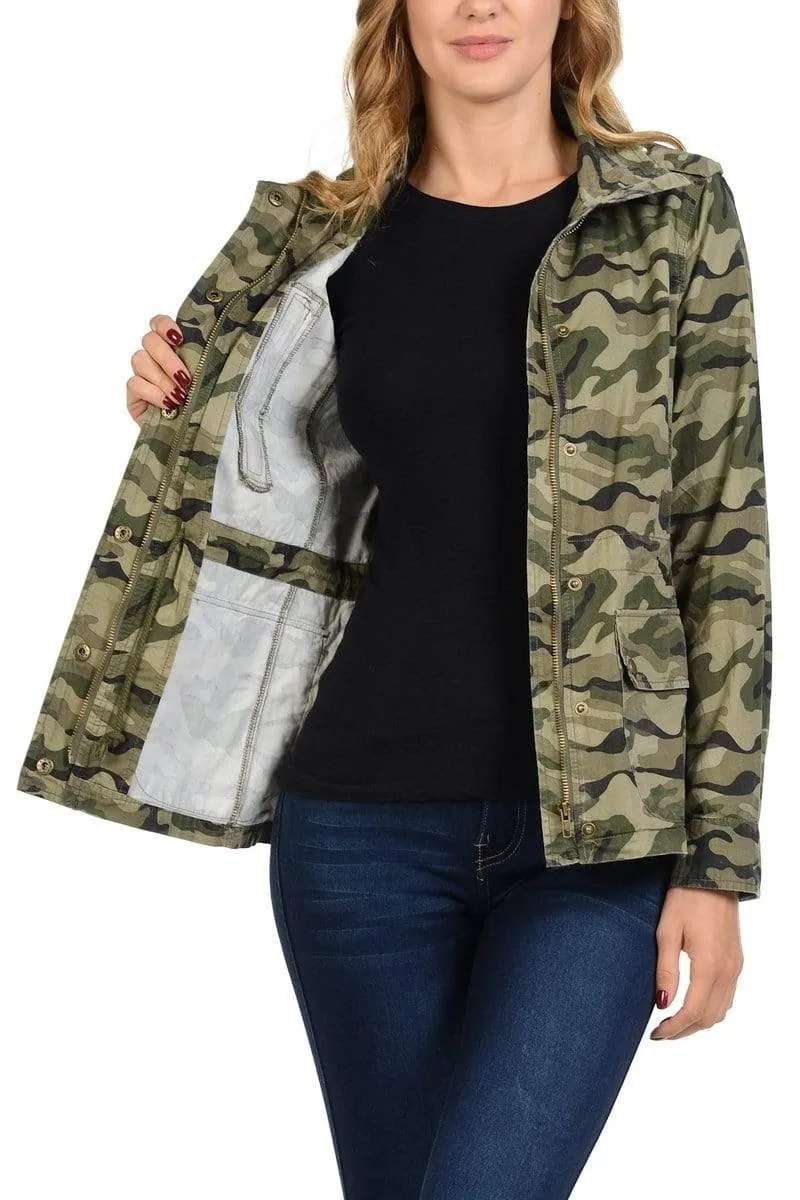 Auliné Collection Women's Drawstring Utility Anorak Military Camo Jacket