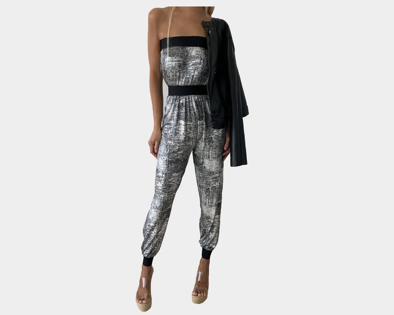 B. Silver Metallic and Black strapless Jumpsuit - The Corso Venezia