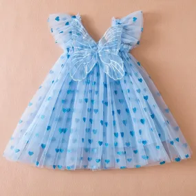 Baby Girl Princess Dress with Butterfly Wings, Embroidered - BLUE HEARTS