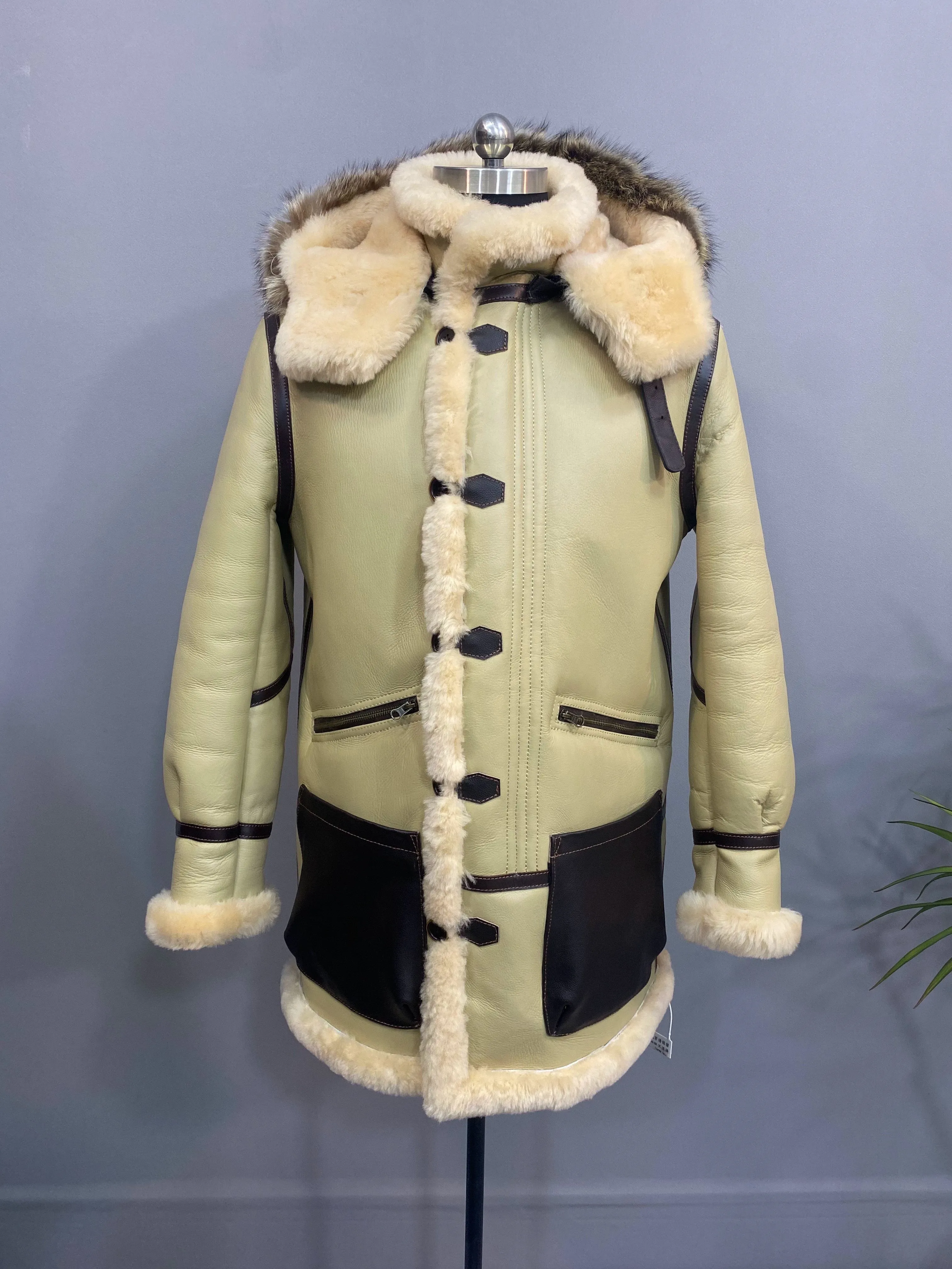 Beige Genuine Leather Shearling Fur Lining Long Coat Parkas