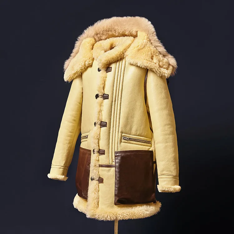 Beige Genuine Leather Shearling Fur Lining Long Coat Parkas