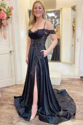 Black A-Line Cold-Shoulder Beaded Prom Dresses, PD2404251