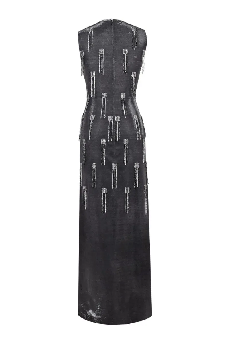 BLACK LUREX-TULLE SEQUIN TASSEL MAXI DRESS