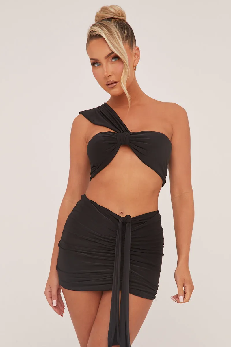 Black One Shoulder Cropped Top & Ruched Mini skirt Co-ord Set - Dahlia