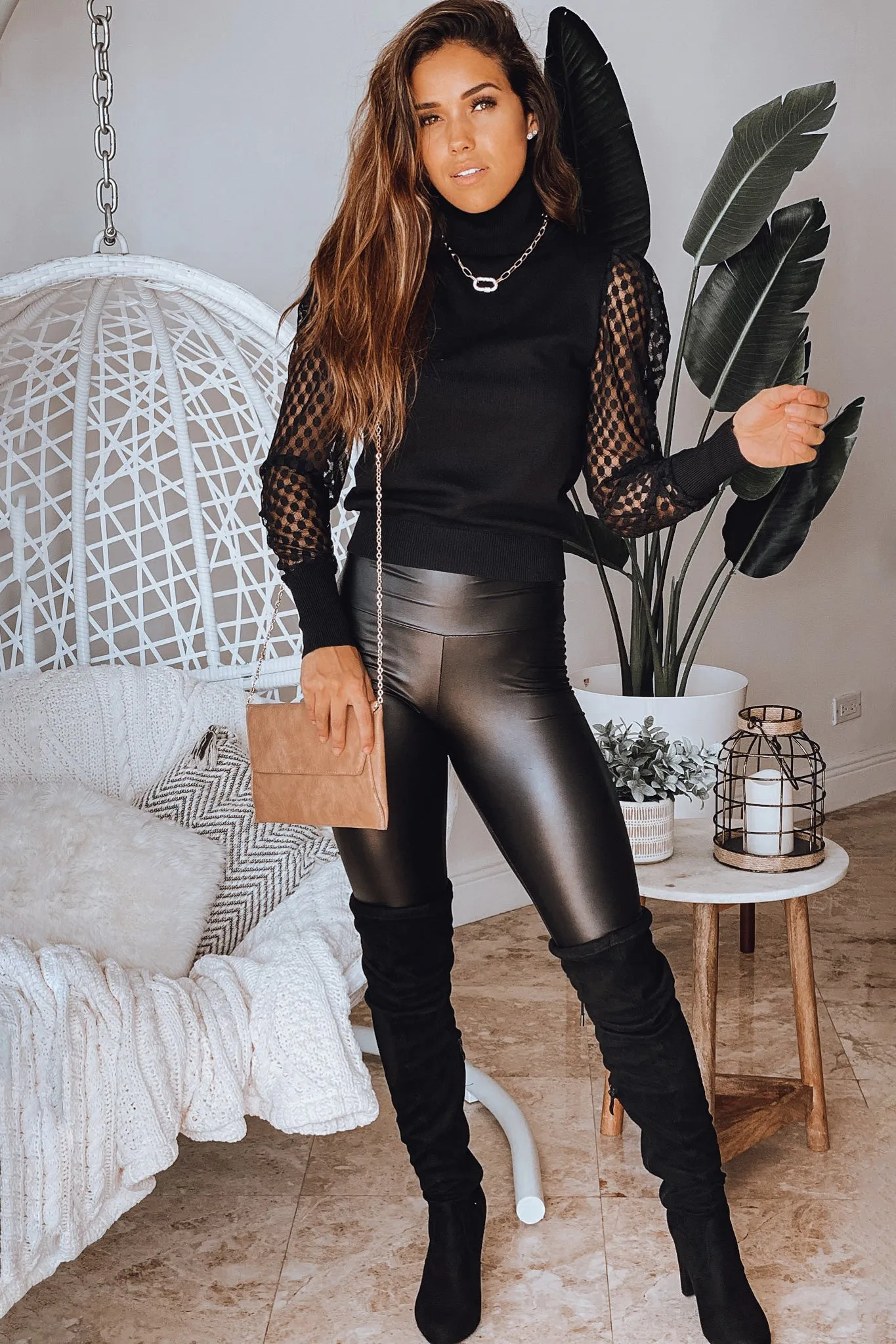 Black Turtleneck Top With Mesh Sleeve Detail