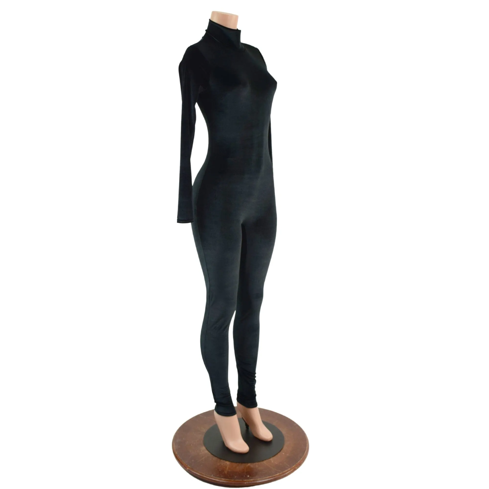 Black Velvet Turtleneck Catsuit with Back Zipper