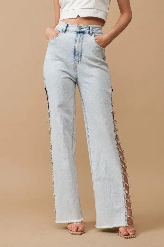 Blue B Cut Out At Side w/ Jewel Trim Stretch Denim Jeans