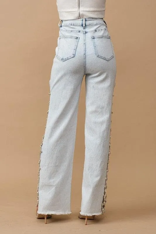 Blue B Cut Out At Side w/ Jewel Trim Stretch Denim Jeans