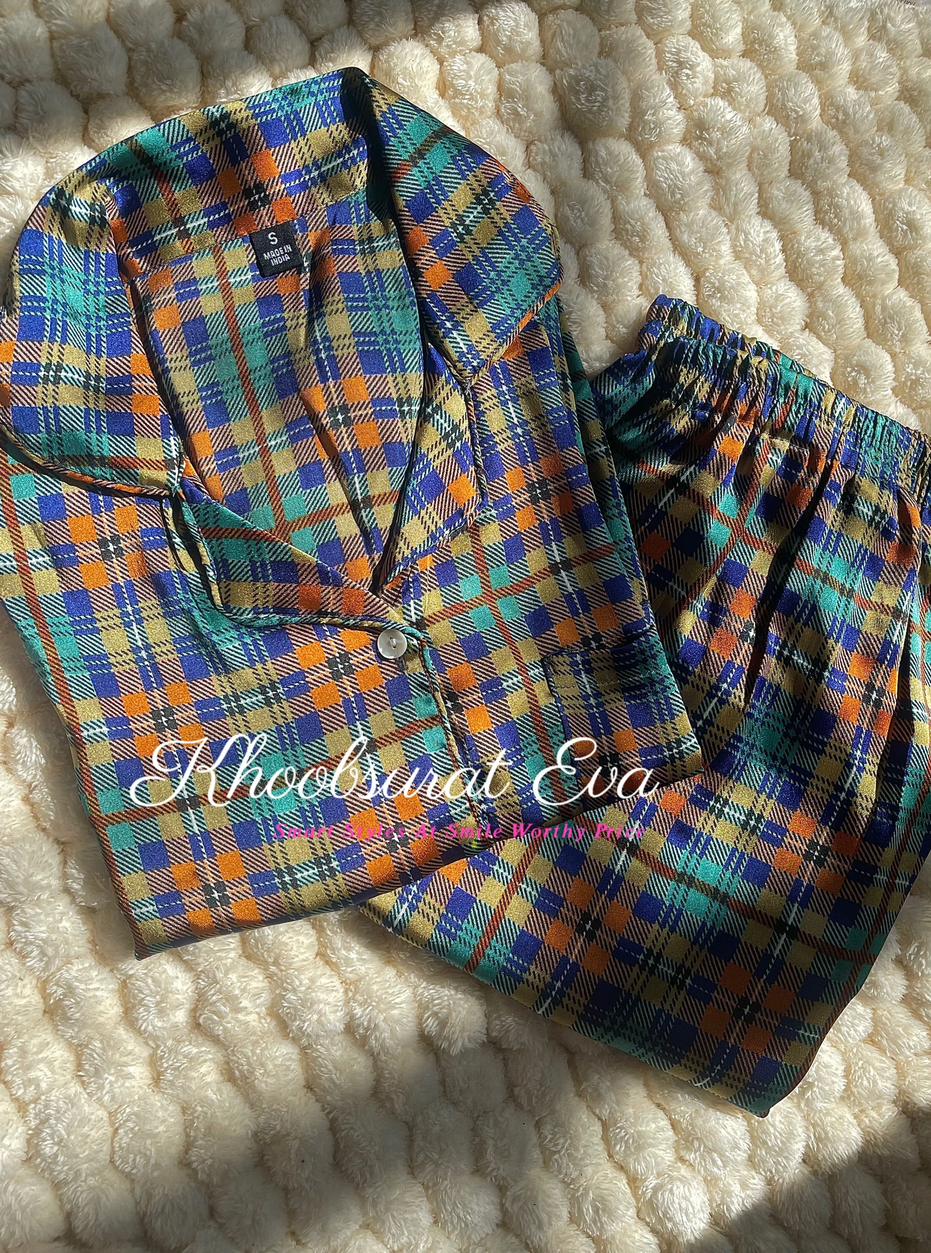 Blue Checks Printed Night Wear