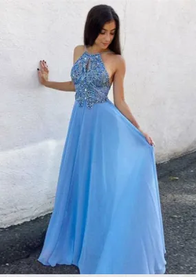 Blue Chiffon Halter Backless Princess A-Line Prom Dress, PD2310042