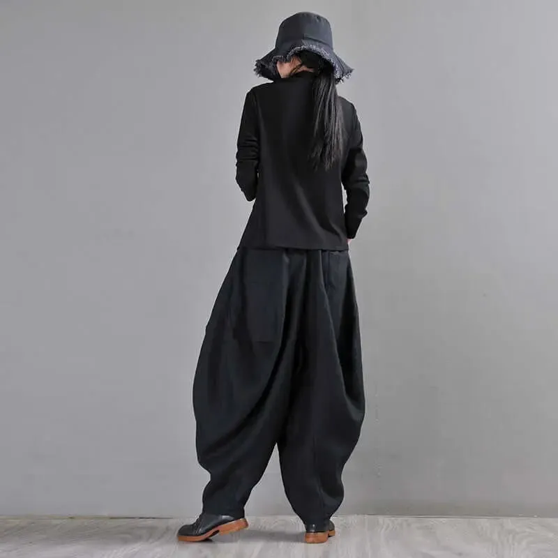 Bohemian Black Linen Harem Pants for Women