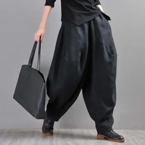 Bohemian Black Linen Harem Pants for Women