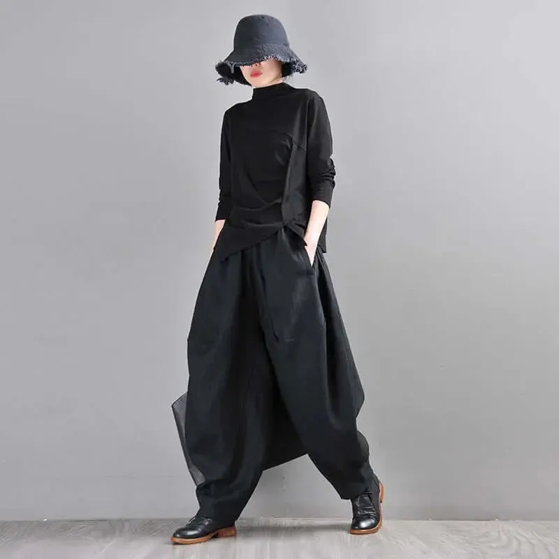 Bohemian Black Linen Harem Pants for Women