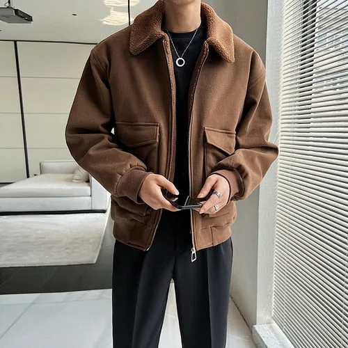 Bonsir Winter Men Lamb Fur Inner Fashion Loose Casual Vintage Short Cargo Jacket Male Japan Korean Streetwear Coat Outerwear