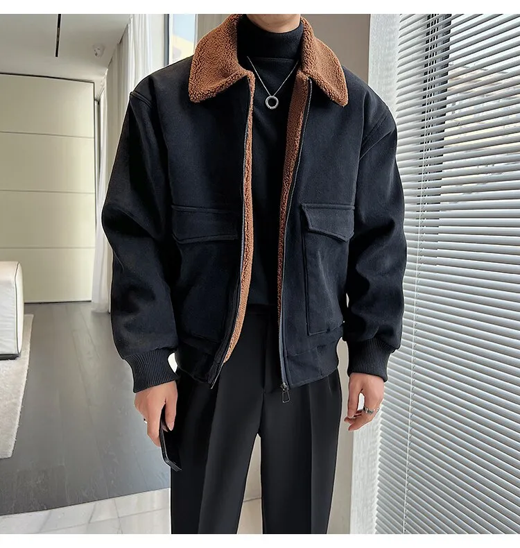 Bonsir Winter Men Lamb Fur Inner Fashion Loose Casual Vintage Short Cargo Jacket Male Japan Korean Streetwear Coat Outerwear