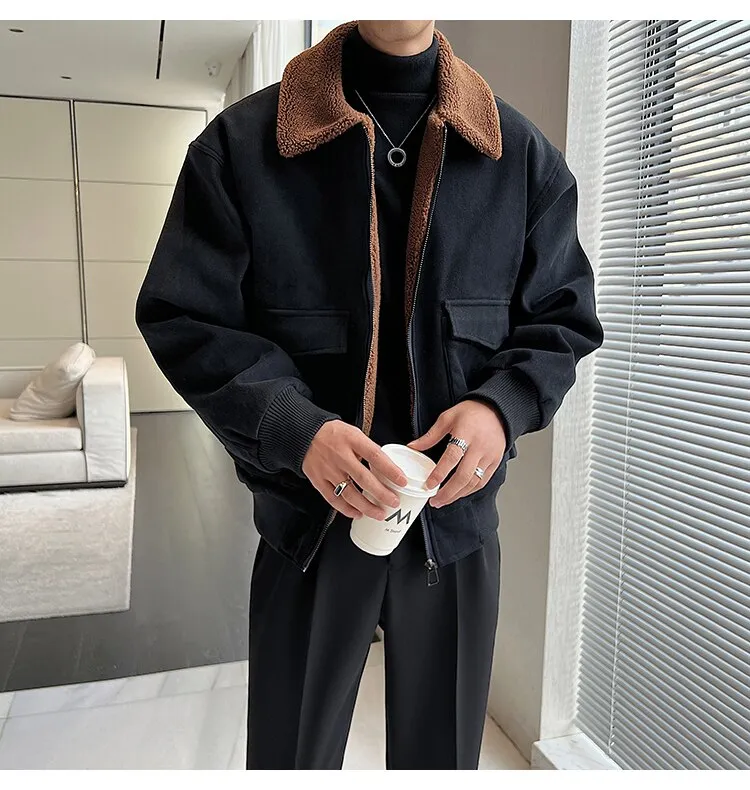 Bonsir Winter Men Lamb Fur Inner Fashion Loose Casual Vintage Short Cargo Jacket Male Japan Korean Streetwear Coat Outerwear