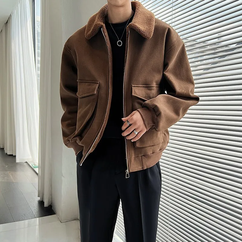 Bonsir Winter Men Lamb Fur Inner Fashion Loose Casual Vintage Short Cargo Jacket Male Japan Korean Streetwear Coat Outerwear