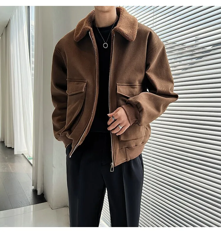 Bonsir Winter Men Lamb Fur Inner Fashion Loose Casual Vintage Short Cargo Jacket Male Japan Korean Streetwear Coat Outerwear