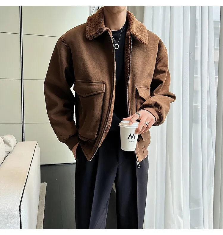 Bonsir Winter Men Lamb Fur Inner Fashion Loose Casual Vintage Short Cargo Jacket Male Japan Korean Streetwear Coat Outerwear