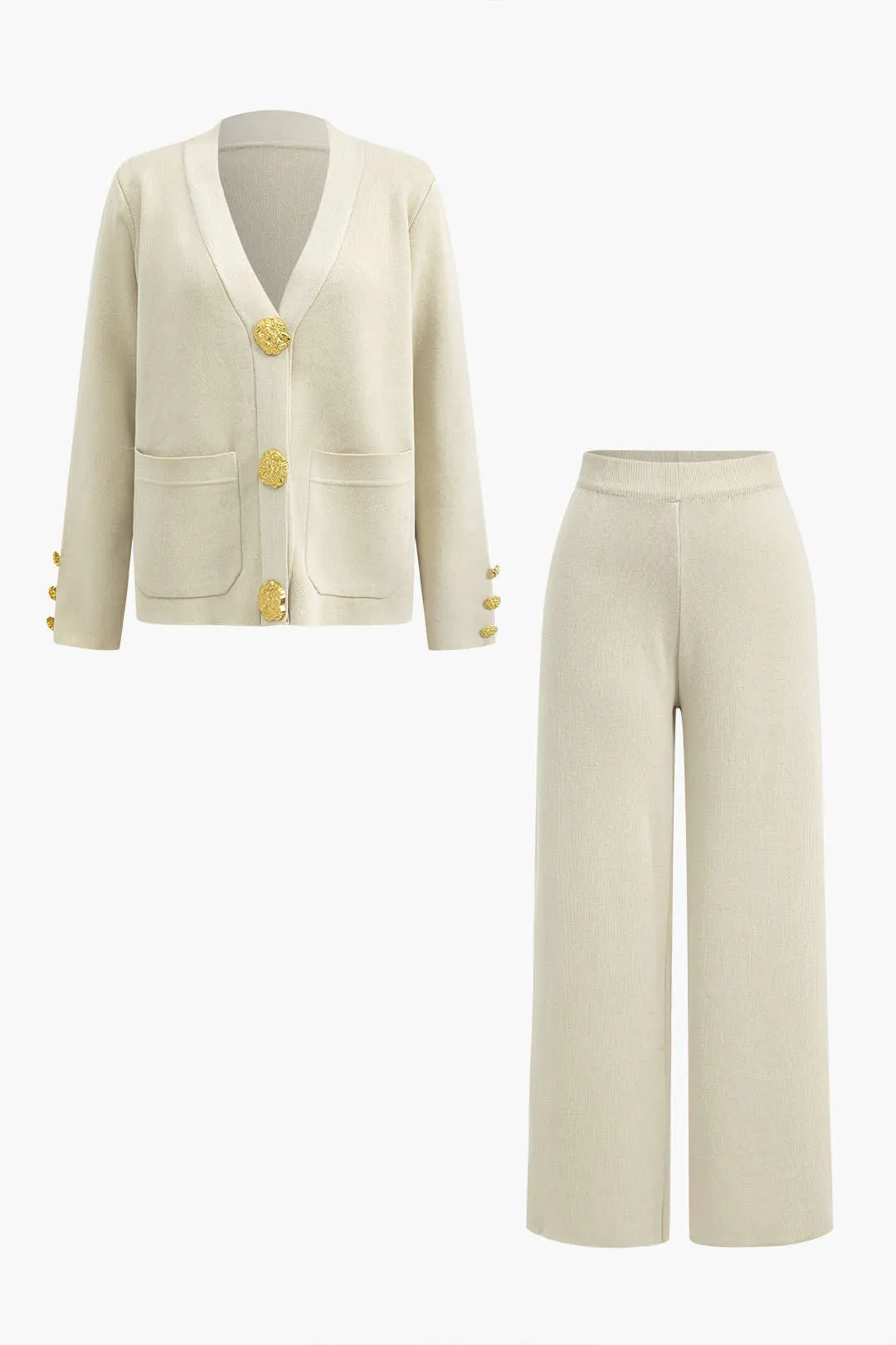 Button Detail Knit Cardigan And Wide-Leg Pants Set