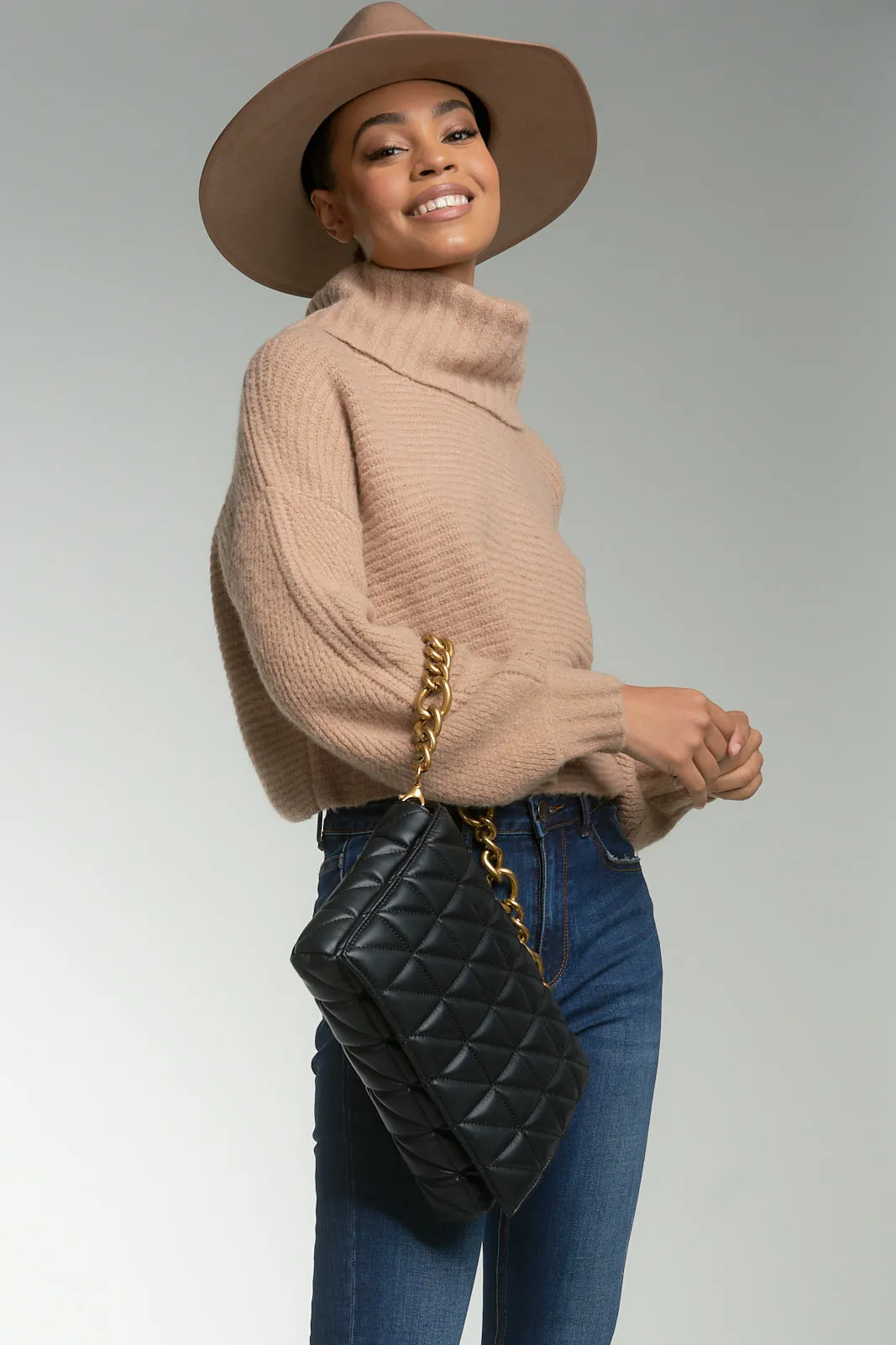 Camel Cropped Crossback Turtleneck Sweater