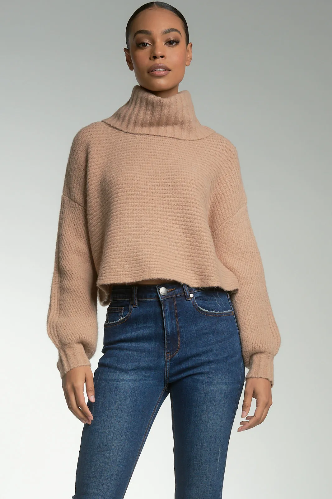 Camel Cropped Crossback Turtleneck Sweater