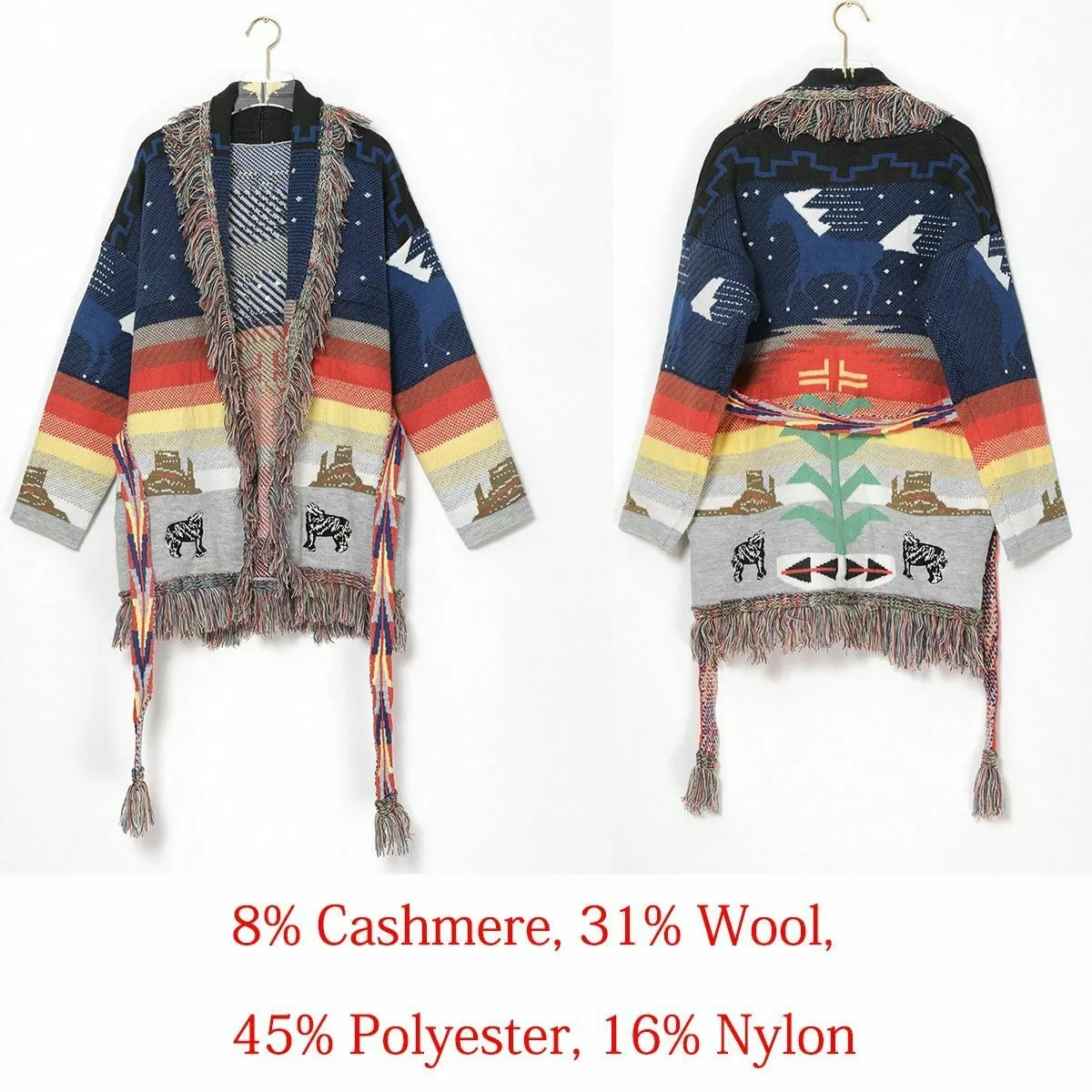 Cashmere Sweater Coat Midnight Desert Scene Fringed Collar Southwestern Cardigan With Plateaus Howling Wolves Painted Desert Tones And Cactus Available In Small Medium Or Large