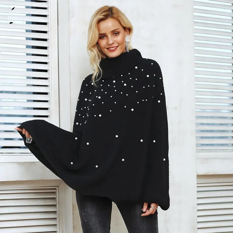 Casual Autumn Turtleneck Beading Knitted Pearl Pullover