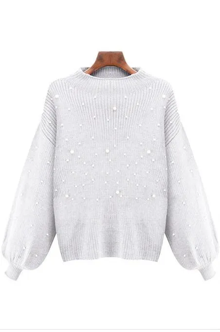 Casual Autumn Turtleneck Beading Knitted Pearl Pullover