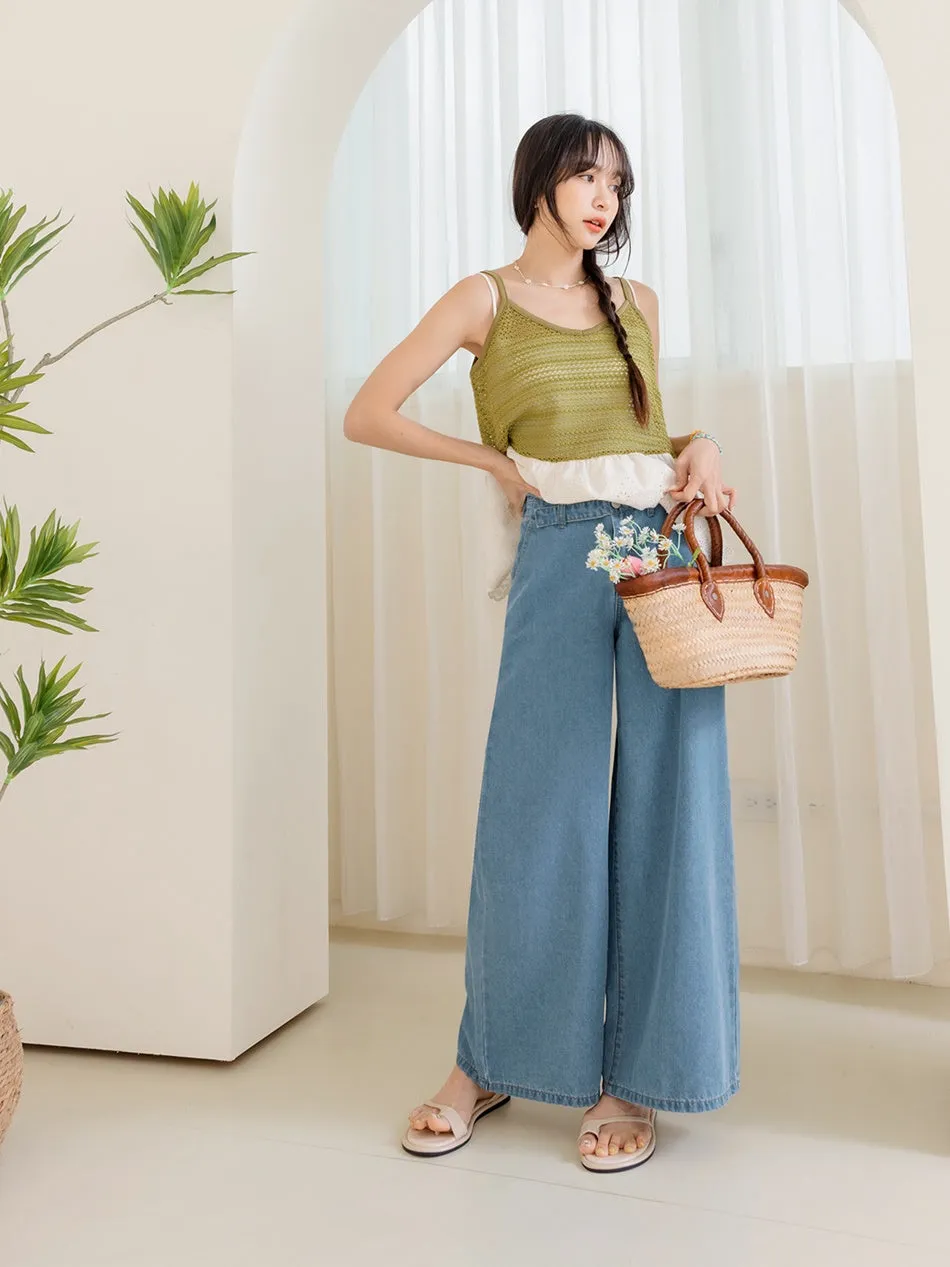 Casual Long Wide Leg Culottes Denim Jeans Pants