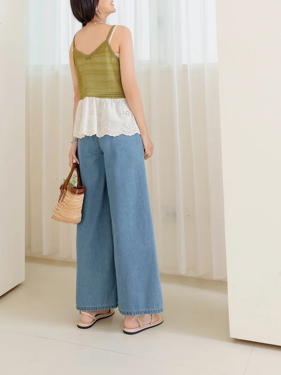 Casual Long Wide Leg Culottes Denim Jeans Pants