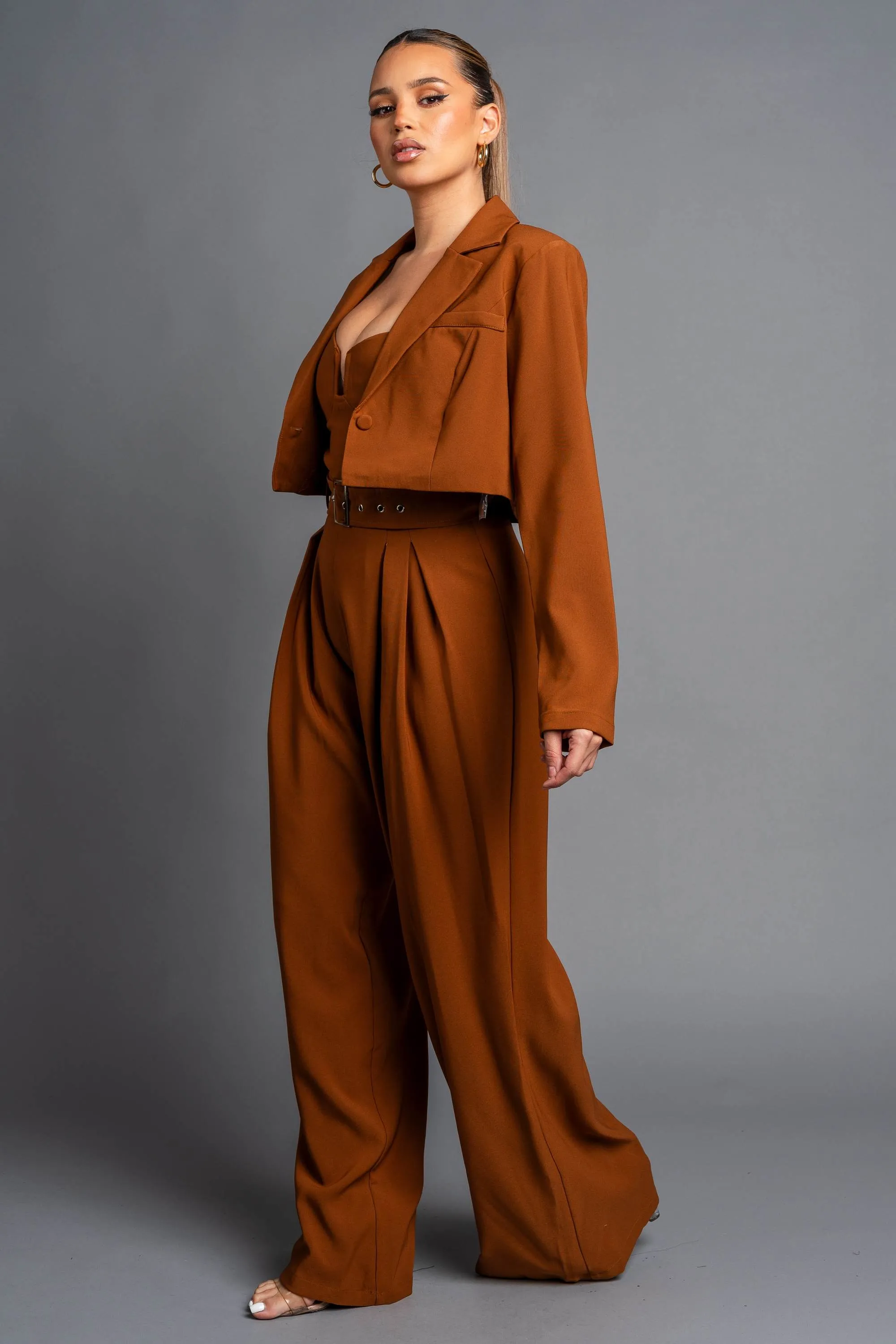 CHIC TWILL STRETCH CROPPED BLAZER & JUMPSUIT SET